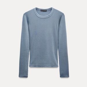 Zara Women's Ribbed Long Sleeve T Shirt Indigo S